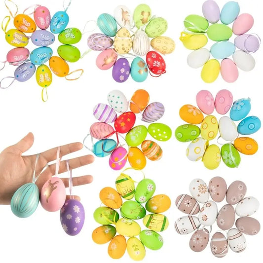 12pcs Easter Eggs Colorful Bunny Painted Plastic Hanging Pendant DIY Easter Egg Crafts for Home Easter Party Supplies Kids Gifts